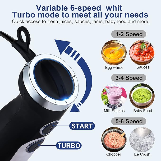 BioloMix Hand Blender 5 in 1 Immersion Blender 1000W, 6 Speed With Turbo Mode hand blenders immersion Stainless Steel Blade With 800ml Chopper, 600ml Mixing Beaker, Whisk and Milk Frother