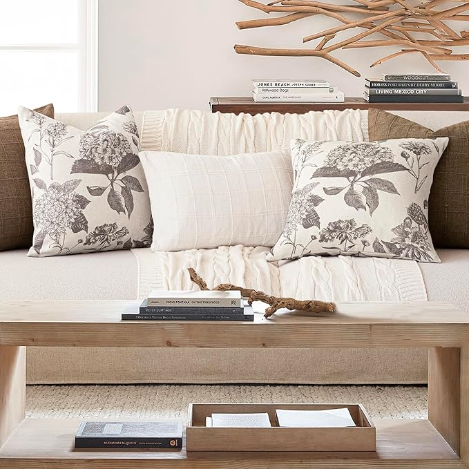 Foindtower Set of 2 Linen Floral Vintage Throw Pillow Covers Neutral Accent Decorative Cushion Covers Farmhouse Boho Home Decor for Sofa Chair Couch Bedroom Living Room Outdoor,20×20 Inch,Light Gray