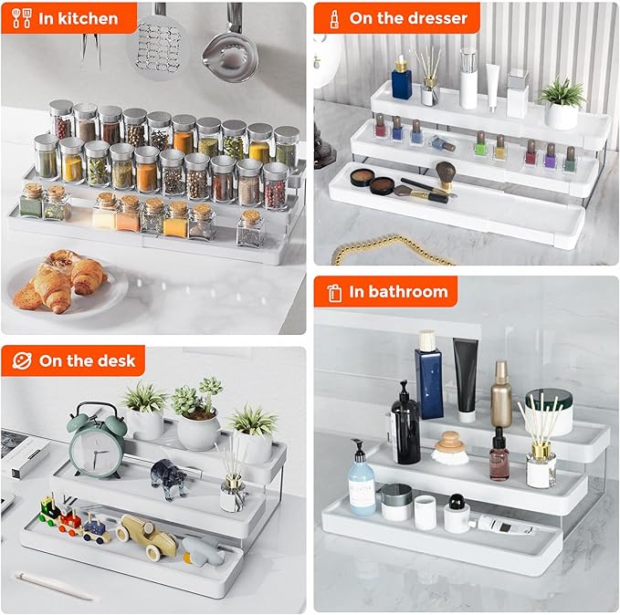 2 Pack Expandable Spice Rack Organizer for Cabinet - 3 Tier Adjustable Cabinet Spice Organizer Easy Visibility - Spice Organizer for Cabinet Countertop Cupboard Pantry Organization (White)