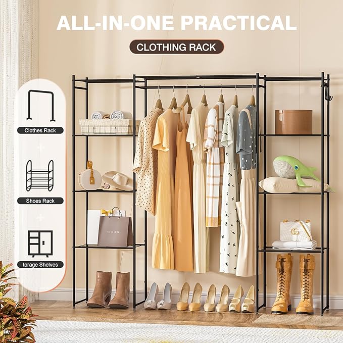 Neprock Portable Closet Wardrobe, Metal Clothing Rack with 8 Shelves & 1 Hang Rod, Free Standing Closet Rack for Hanging Clothes Closet Organizers and Storage, 63"*63"*12", Black