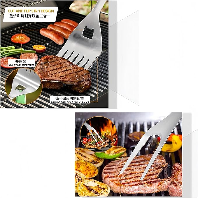Grilling Accessories,Heavy Duty Stainless Steel BBQ Grill Tools Set, Spatula, Fork, Tongs Kit |with Storage Bag Barbecue Utensils Tool,for Outdoor Barbecue loversgift.