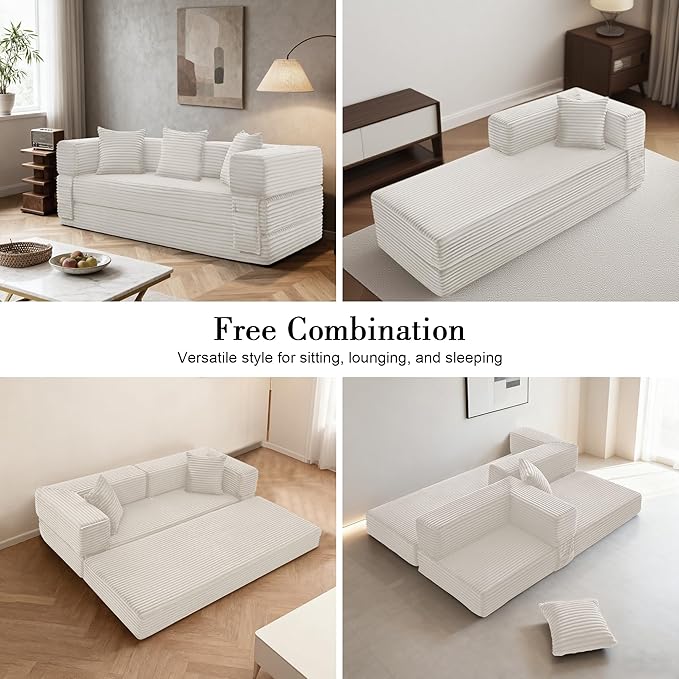 Sectional Boneless Couch Convertible Sofa Bed, 78'' Modular Sectional Sleeper Sofa with Removable Armrests & 3 Pillows, Small Floor Couch No Assembly Needed for Living Room, Office, Bedroom, Beige