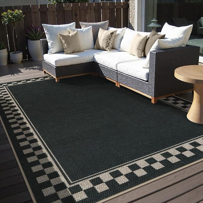 OJIA Easy Jute Area Rug 8x10, Large Outdoor Patio Rugs Washable Rugs for Living Room Checkered Border Farmhouse Indoor Outdoor Carpet Modern Non-Slip Black Rug for Bedroom Backyard Office Decor