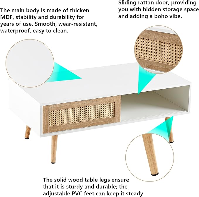 Rattan Coffee Table, 40.3" Mid Century Modern Coffee Table with Storage, Farmhouse Rectangle Wooden Accent Center Sofa Table for Living Room, White