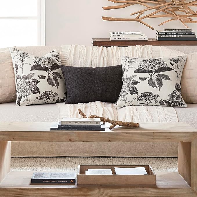 Foindtower Set of 2 Linen Floral Vintage Throw Pillow Covers Neutral Accent Print Decorative Cushion Covers Farmhouse Boho Home Decor for Sofa Chair Couch Bedroom Living Room Outdoor,20×20 Inch,Black