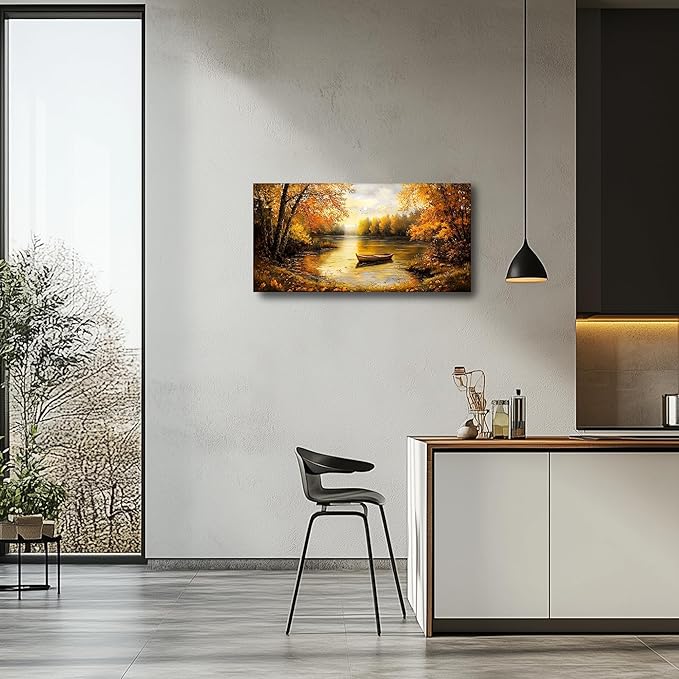 SERIMINO Fall Landscape Large Canvas Wall Art Living Room, Lake Boat Forest Art Prints, Autumn Scenery Nature Decor Pictures, Rustic Gold Paintings Wall Decor Bedroom, Office Decoration 20"X40"