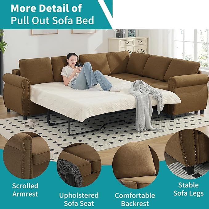 Ball & Cast 104" Sleeper Sofa Bed, L Shaped 6 Seater Sectional Sofa Couch with Pull Out Bed, 2 in 1 Pull Out Couch for Living Room, Office, Apartment,Brown