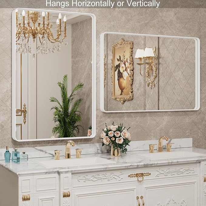 LOAAO 24x32 Inch White Metal Framed Bathroom Mirror for Wall, White Bathroom Vanity Mirror Farmhouse, Large Rounded Rectangle Mirror, Anti-Rust, Hangs Horizontally or Vertically