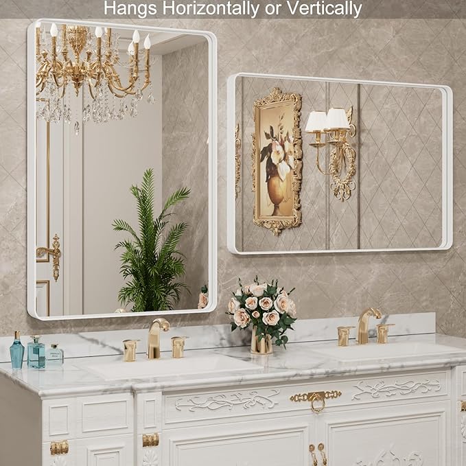 LOAAO 28x36 Inch White Metal Framed Bathroom Mirror for Wall, White Bathroom Vanity Mirror Farmhouse, Large Rounded Rectangle Mirror, Anti-Rust, Hangs Horizontally or Vertically
