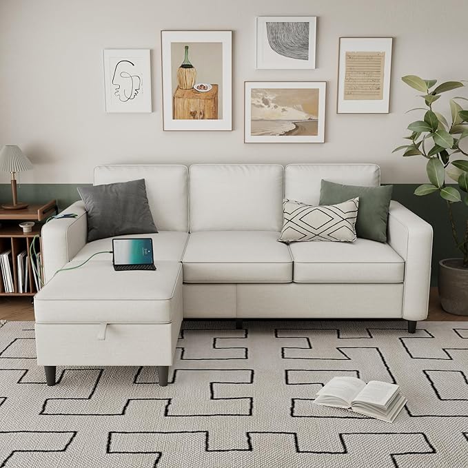 Sectional Sofa Couches for Living Room - 78'' Beige 3 Seat L-Shaped Couch with Type-C Charging Port & Storage Ottoman, Modern Linen Convertible Sectionals Sofas with Chaise for Apartment