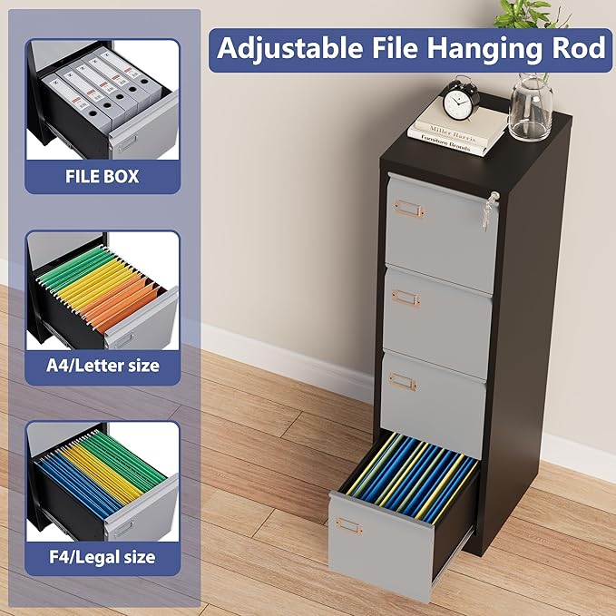 Vertical Small Filing Cabinet Steel Lockable Storage Cabinets for Home Office Hanging Letter/Legal/F4/A4 (4 Drawer, Black Gray)