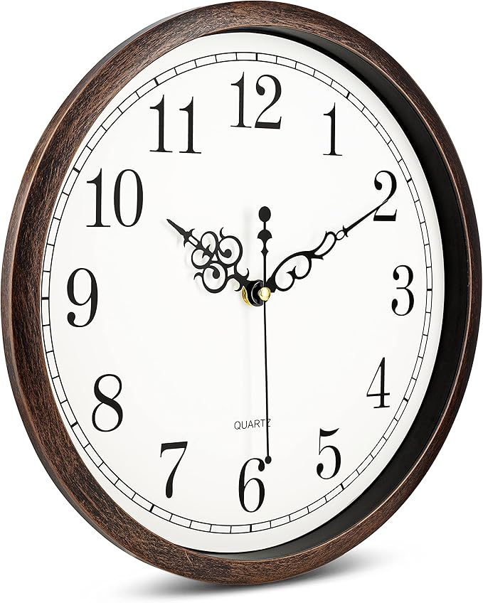 Bernhard Products Wall Clock 12 Inch Silent Non Ticking Movement Quality Quartz Battery Operated Round Easy to Read Decorative Brown Home/Kitchen/Office/Bedroom/Classroom/School Clocks, Black Numbers