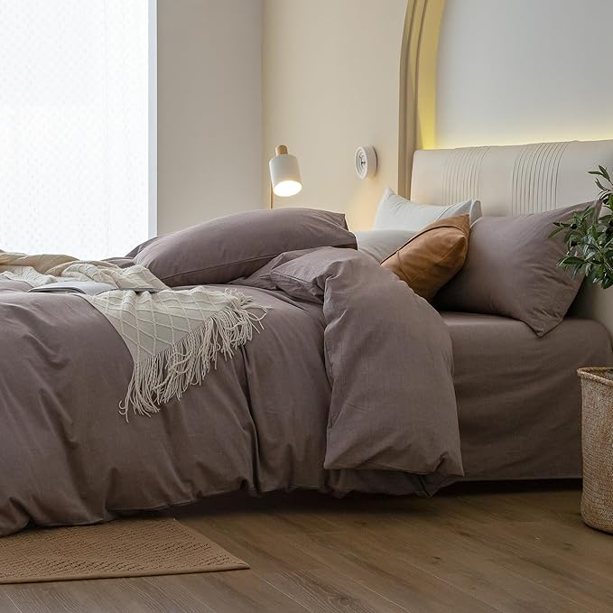 JIYUAN 100% Washed Cotton Duvet Cover Set 3 Pieces Alaska King, 1 Duvet Cover 132x120 Inches(Comforter Not Included) and 2 Pillowcases,Linen Like Comfy and Breathable,Heathered Mauve Brown