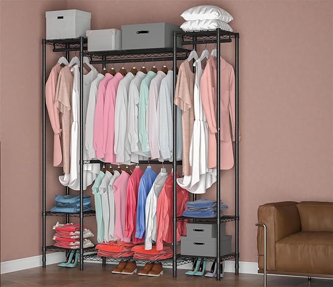 Garment Rack Heavy Duty Clothes Rack for Hanging Clothes,Metal Garment Rack,Freestanding Clothing Rack,Adjustable Custom Closet Rack,54" L x 13.8" W x 75.8" H, Max Load 750LBS,Black