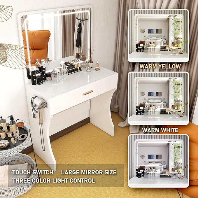 Vanity Desk, Makeup Vanity with LED Light Mirror, Small White Vanity with a Super Large Drawer and Power Outlet, 3 Color Lighting Modes Makeup Table for Bedroom, Dressing Room (White1)