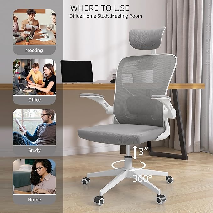 Office Chair Ergonomic Desk Chair, 350 LBS Mesh Office Chair with Lumbar Support, Comfy Desk Chair with Wheels, Big and Tall Chair for Study Work Gaming (Gray)