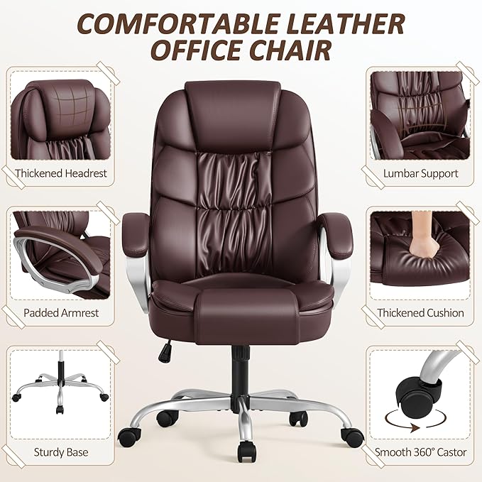 Homall Office Chair High Back Computer Chair Ergonomic Desk Chair, PU Leather Adjustable Height Modern Executive Swivel Task Chair with Padded Armrests and Lumbar Support (Brown)