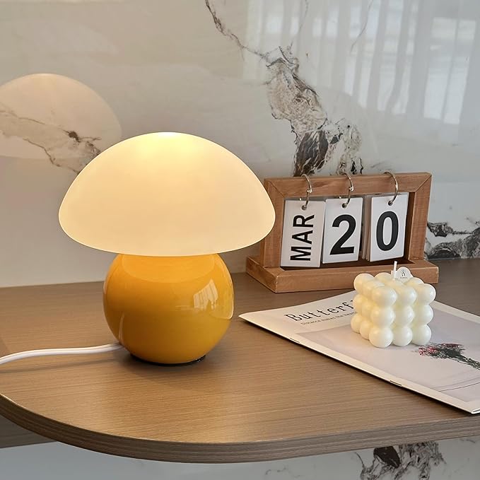 Mushroom Lamp Ceramic Base,Yellow Cute 70s Mid Century Modern Decor Lamp for Bedroom,Small Abstract Table Bedside Glass Mood Coze Fun Warm Light