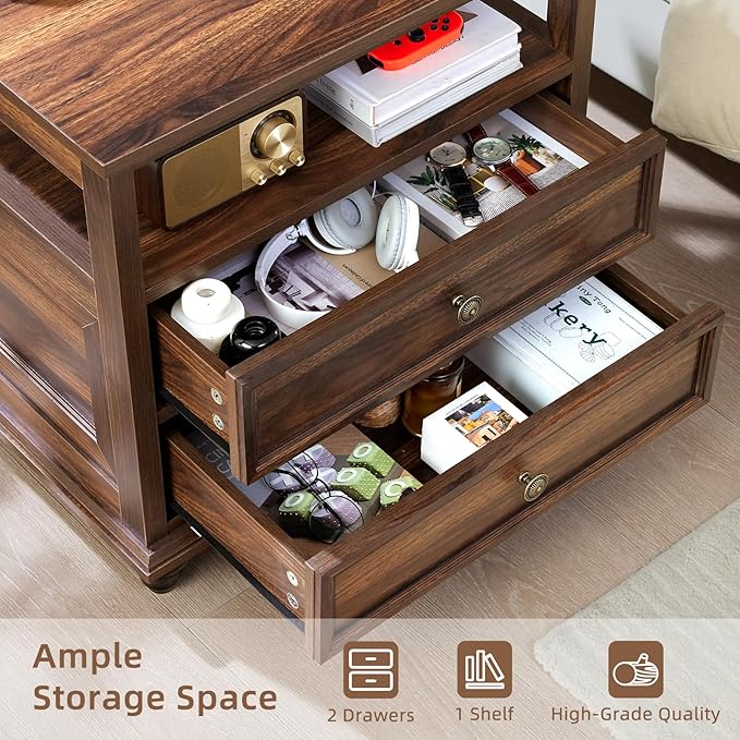 24" Wide Farmhouse Night Stand Set of 2,Large End Table with 2 Drawers & Metal Handle,Brown Wood Dresser for Bedroom, Bed Side Table Chest of Drawers Cabinet, Nightstand for Living Room,Closet