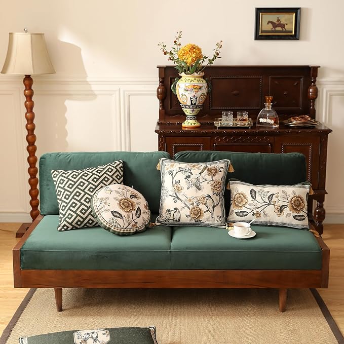 Design Linen Chinoiserie Square Throw Pillow Covers 18"x18" Pack of 2, Farmhouse Cushion Covers with Yellow Floral Birds Pattern Decoration Pillowcases for Bed,Living Room,Outdoor,Car