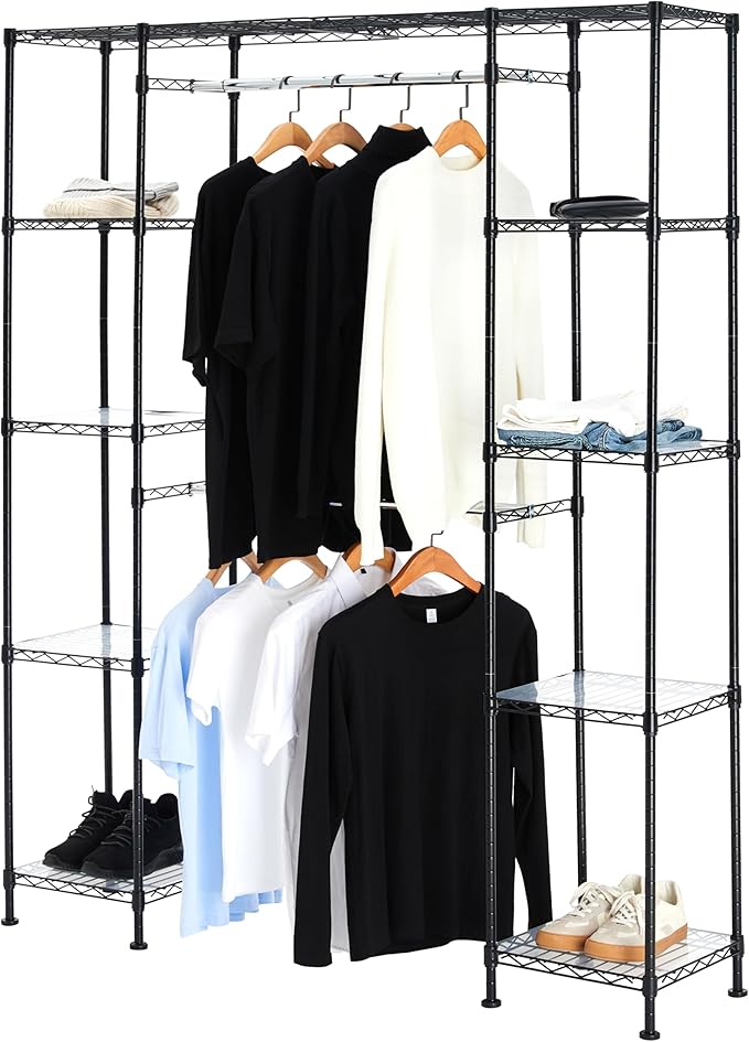 Amazon Basics Adjustable Expandable Metal Hanging Closet Storage Organizer Rack with Shelves, 57-80''L x 14''W x 72''H, Black