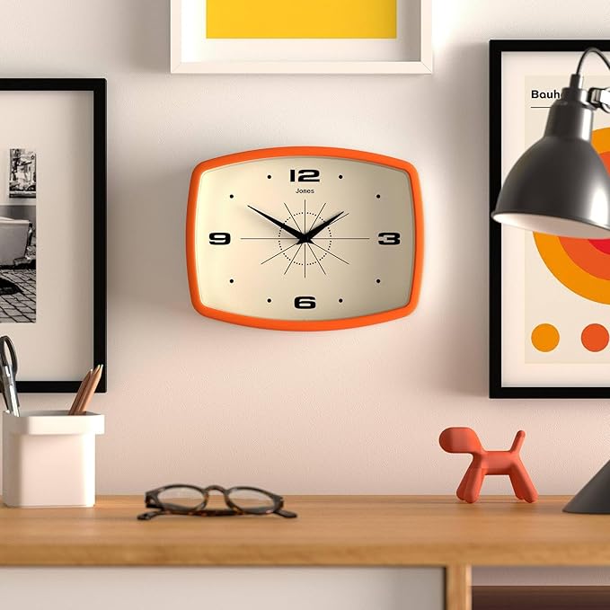 JONES CLOCKS® Movie Wall Clock | Rectangular Retro Clock | 10 inch | Orange | Cool mid-Century Designer Look for Kitchen, Living Room or Office