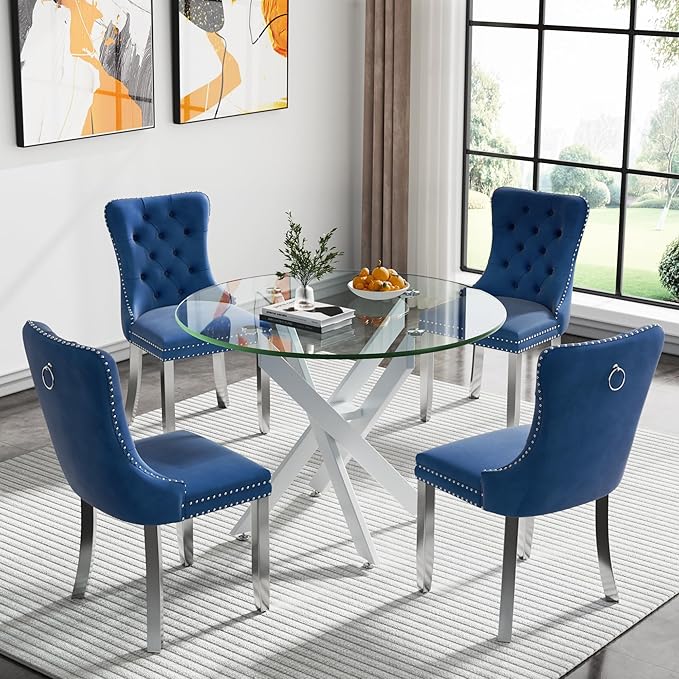 Modern Round Glass Dining Table with Tempered Glass Top and Metal Legs - Perfect for Home, Kitchen, or Dining Room