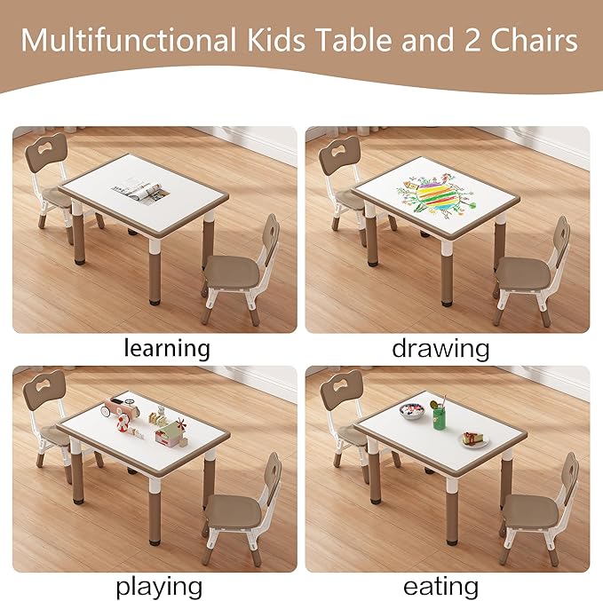 Toddler Table and 2 Chairs, Kids Table and Chair Set Height Adjustable, 31.5''L x 23.6''W Multifunctional Graffiti Desktop for Reading, Drawing, Eating, for Girls & Boys Age 2-10, Brown-02