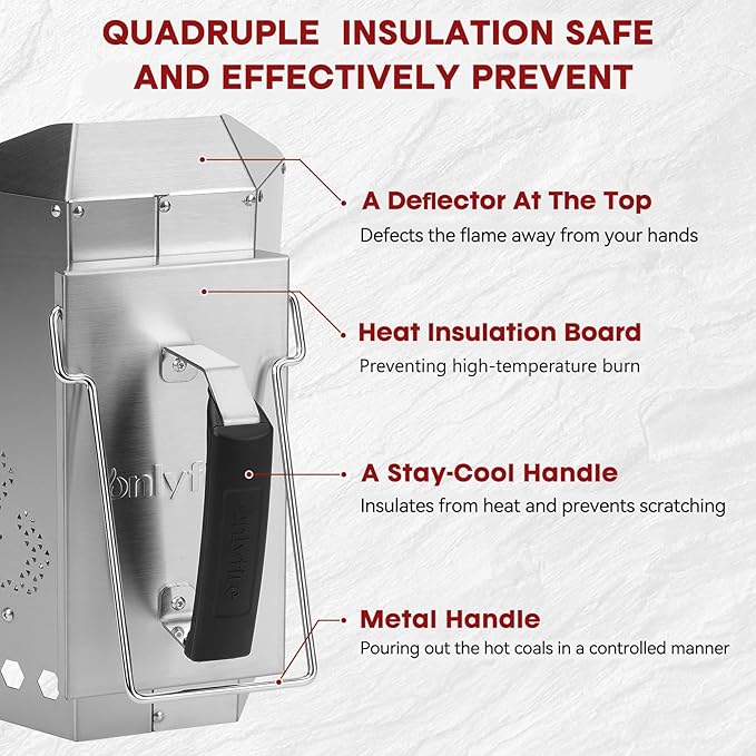 onlyfire Stainless Steel Charcoal Chimney Starter BBQ Chimney Starter for Charcoal Grill and Barbecues, Fire Starter for Outdoor Cooking, Sturdy and Easy to Use BBQ Grill Tool Grilling Accessories