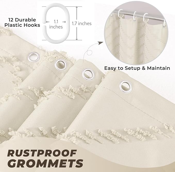 Extra Long Cream Shower Curtain Boho Farmhouse Shower Curtain 72 x 78 Tufted Chevron Textured Striped Minimalist Shower Curtains