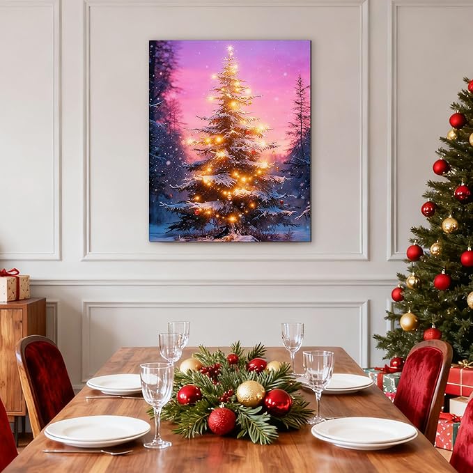 Framed Christmas Pictures Wall Decor,Vintage Pine Tree Prints,Winter Christmas Canvas Wall Art Decoration for Bedroom Bathroom Living Room Rustic Xmas Holiday Gifts (Christmas Tree 18, 20'' X 32'')