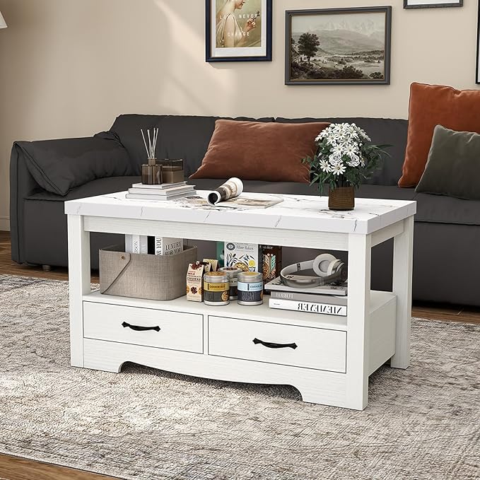 Coffee Table 40" Faux Marble 2-Tier Modern Wooden Rectangle Center Table with Drawers for Living Room, Conference Room, Thickened Top, Small Space Home Furniture (White Oak with Storage)