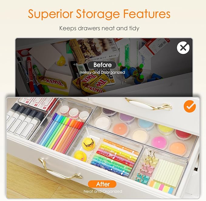 Criusia Drawer Organizer, 26 Pack Clear Plastic Drawer Organizer Bins, Versatile Organization and Storage Trays for Kitchen, Bathroom, Vanity Makeup and Office