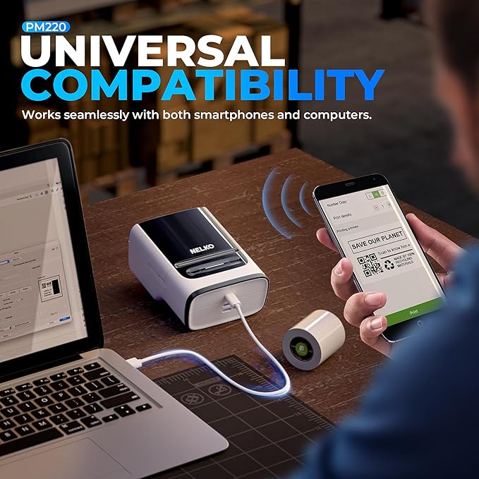 Nelko Label Maker Machine with Tape, PM220 Bluetooth Label Printer, 2 Inch Portable Thermal Printer for Small Business, Logo, Clothing, Sticker Printer for Phones & PC, with 3 Labels, White