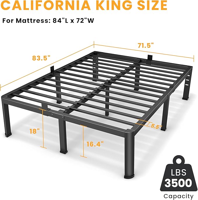 18 Inch California King Size Metal Platform Bed Frame with Round Corners, Storage Space Under High Bed Frame-Heavy Duty Steel Slats Support, Noise Free - Easy Assembly - No Box Spring Needed