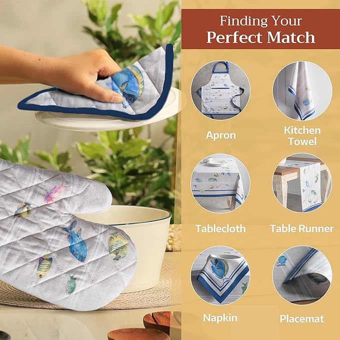 Maison d' Hermine Pot Holders 100% Cotton Heat Resistant Potholders 8" x 8" Hot Pads with Loop BBQ, Cooking, Baking, Grilling, Kitchen, Handling Hot Pans Spring/Summer (Pack of 1, Poisson)