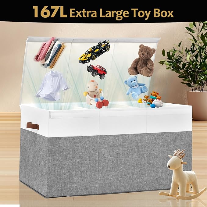 Extra Large Toy Storage Box with Lid, Sturdy Toys Storage Chest Bin Organizer Basket with Dividers for Kids, Boys, Girls, Nursery, Closet, Bedroom, Playroom 35.5"x17" x17"(Grey and White)