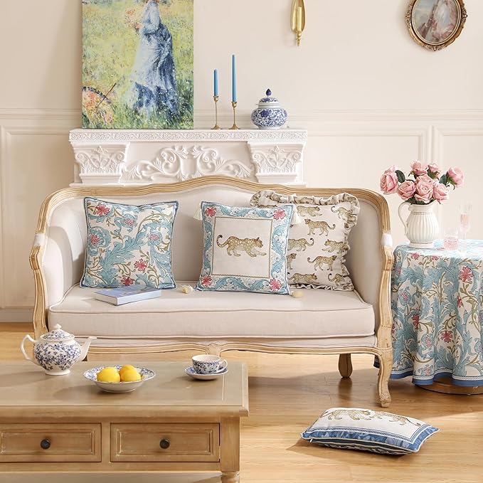 patdrea Designer Throw Pillow Cover for Couch 18"x18",Vintage French Linen Pillowscover with Cheetah Pattern and White Pendant,Farmhouse Decorative Pillowcases for Bed Living Room Outdoor Set of 2