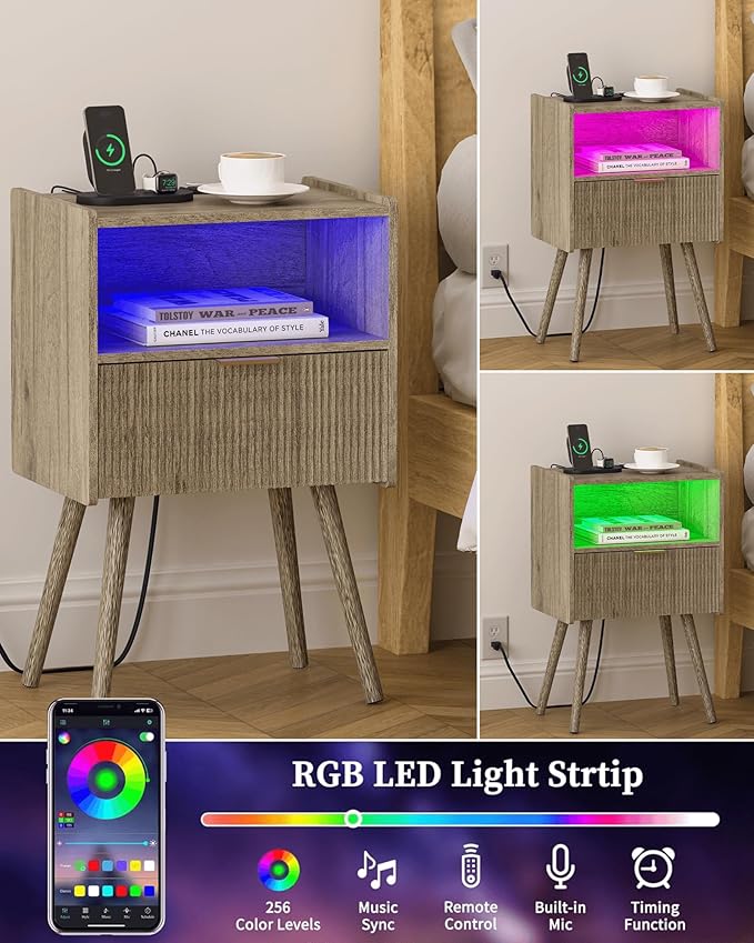 Modern Bedside Table, Nightstand with Charging Station and LED Lights