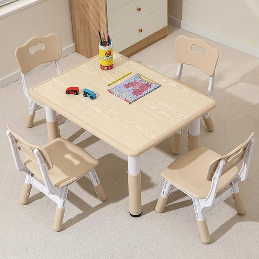 Toddler Table and Chairs, Kids Table and 4 Chairs Set with Graffiti Desktop, Height-Adjustable Kids Study Table for Boys and Girls Aged 3-8, Max 300lbs