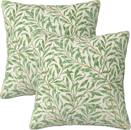 Rustic Vintage Floral Green Leaf Throw Pillow Covers 18x18 Inch Set of 2 William Morris Plants Farmhouse Decor Pillow Case Euro French Country Cushion Cover of Sofa Living Room Bedroom