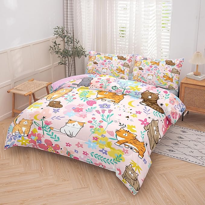 Tailor Shop Cat Comforter Sets King Size,Pink Cat Bedding Sets for Girls Kids Teens with 2 Pillowcase…
