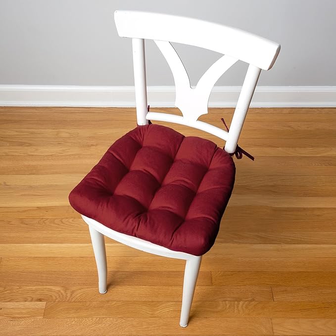 Barnett Home Decor Dining Chair Cushions with Ties – Size Medium 16.5 x 18 - Latex Foam Fill, 100% Cotton, Machine Washable Chair Pads for Kitchen Chairs, Made in USA (Cotton Duck Wine/Pack of 2)