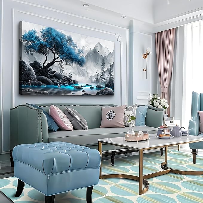 Lapremoly Black And White Painting Canvas Wall Art For Living Room Large Wall Decor For Office Wall Decorations For Bedroom Blue Tree Landscape Wall Pictures Hotel Artwork Posters Family Home Decor