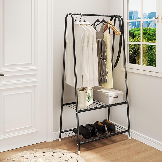 Buzowruil Metal Small Clothes Rack,Clothing Garment Rack with Double Layer Shelf for Clothes,Dress, Shoes,Black