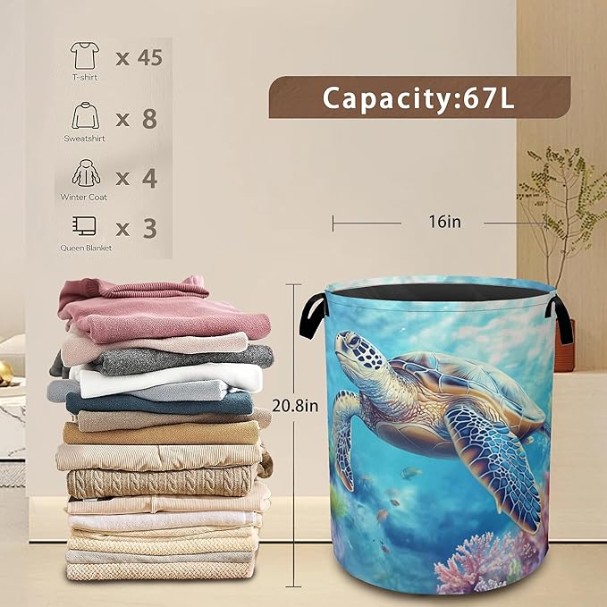 Sea Turtle Laundry Hamper,Collapsible Laundry Baskets,Colorful Coral Dirty Clothes Baskets with Handles,Oxford Cloth Hamper for Bedroom,Bathroom,College Dorms, 16"x20"