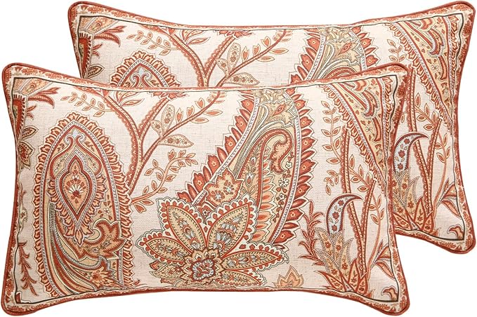 Design Linen Classic Vintage Throw Pillow Covers 12"x20" Pack of 2, Rectangle Cushion Covers with Orange Yellow Paisley Style Pattern Decor Pillowcases for Bed,Living Room,Outdoor,Car