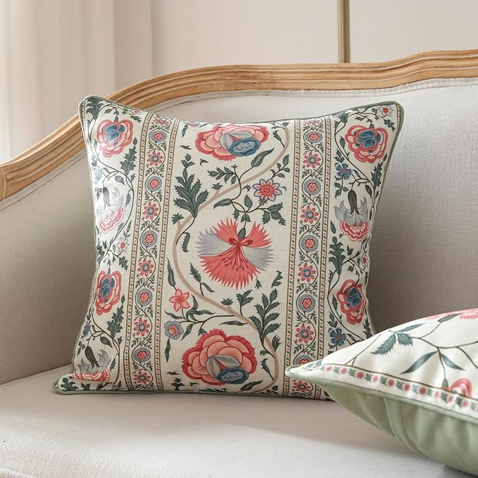 Design Square Retro Elegance Linen Throw Pillow Covers 18"x18" Pack of 2, Green Pink Floral Pattern Cushion Covers Decor Pillowcases for Bed,Living Room,Outdoor,Car