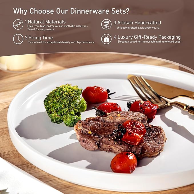 GBhome Ceramic Dinnerware Sets for 6, Matte Stoneware Plates and Bowls Sets,Chip and Scratch Resistant Dishes, Dishwasher & Microwave Safe, Oven safe,Reactive Glaze-White