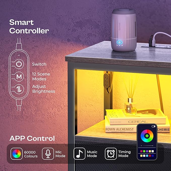 Huuger Night Stand with Charger Station and LED Lights, 4 Drawer Nightstand, Bed Side Table with Open Shelf, End Table, Fabric Dresser for Bedroom, Grey